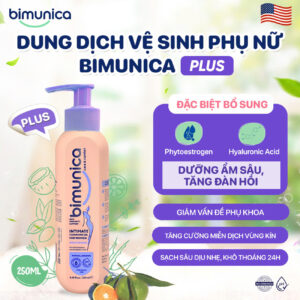 Dung dịch vệ sinh phụ nữ Bimunica Plus – Làm sạch sâu, bảo vệ & duy trì pH, Dưỡng ẩm đa tầng – 250ml