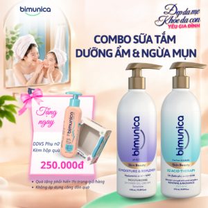 Combo Sữa Tắm Hỗ Trợ Làm Sạch (Mụn Lưng) + Sữa Tắm Hỗ Trợ Dưỡng Ẩm (Da Khô) Bimunica Skin Beauty — Tặng Dung Dịch Vệ Sinh Phụ Nữ Daily Eosidin™ 250ml